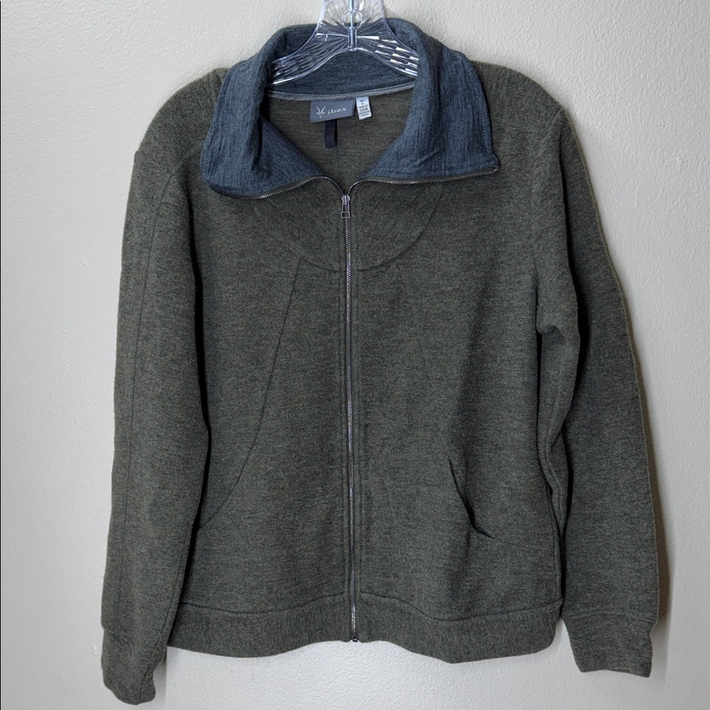 ibex Olive Green Men's Full-Zip Sweater with Charcoal Collar